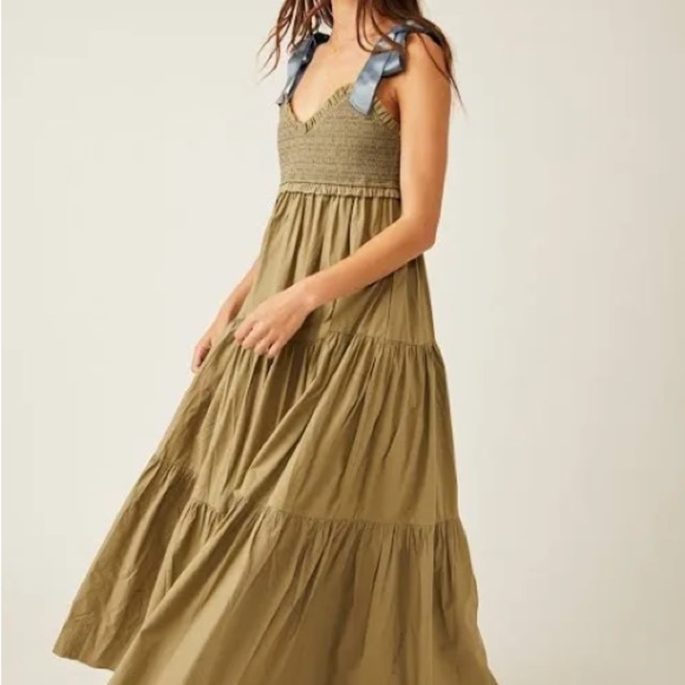 Free People Bluebell maxi olive green with dust blue ribbon